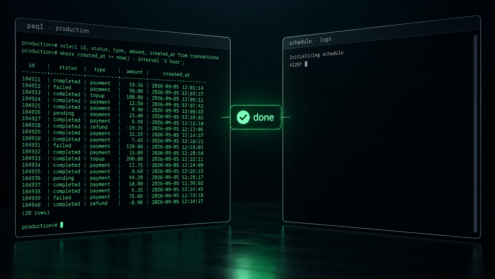 Dos terminales comparados: la salida de psql llena de líneas frente a los logs de la tarea programada, con solo Initializing schedule y un PID